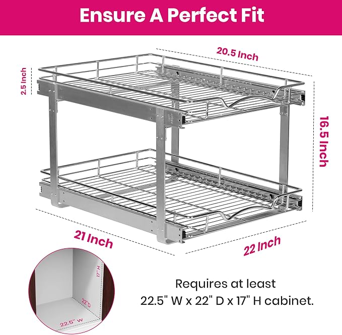 2-Tier Pull-Out Cabinet Organizer for Kitchen, 22" W x 21”D x 16.5" H | Full-Extension Sliding Shelves, Holds 100 lbs, Easy Install for Kitchen, Pantry & Under Sink Cabinets - Image 3