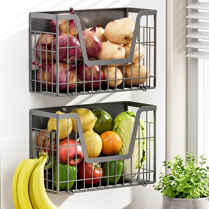 Grey Magnetic Shelf for Fridge, 2-Pack Potato and Onion Storage Bin | Magnetic Fruit Basket for Fridge, Magnetic Shelves Kitchen Pantry Organizers & Storage, Magnetic Spice Rack for Refrigerator by YIWANFW