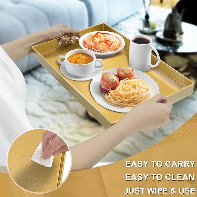Gold Decorative Tray for Coffee Table, Serving Tray with Handles | Plastic Melamine Tray, Modern Ottoman Tray, Rectangular Countertop Organizer Tray for Living Room, 15.8"L x 10.2"W x 1.4"H - Image 4