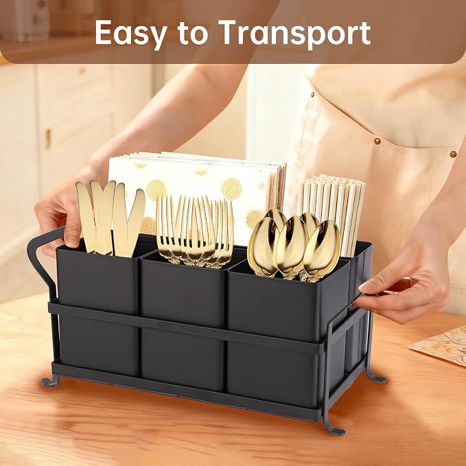 Silverware Caddy Metal Utensil Holder for Party Countertop Silverware Utensil Caddy Cutlery Flatware Organizer for Spoons Forks Plates Napkins Black - Image 2
