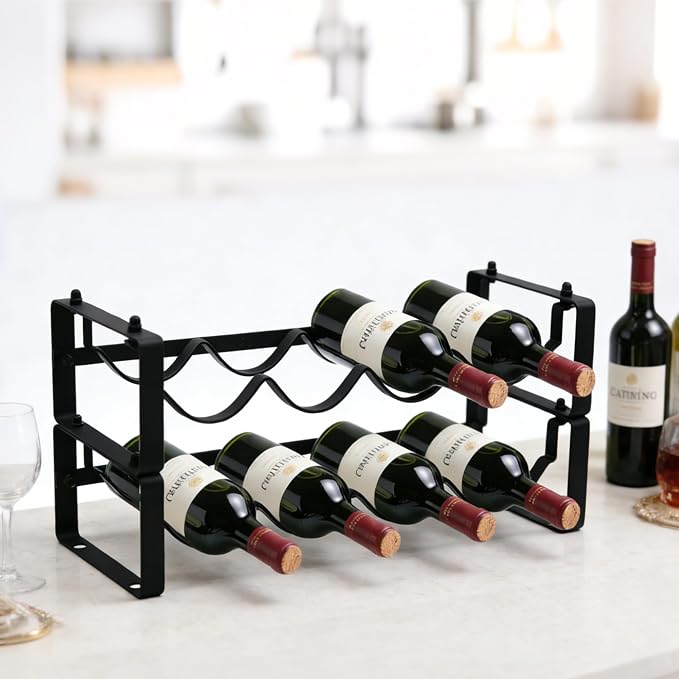 Wine Rack for Countertop – Stackable Freestanding Bottle Organizer for Kitchen, Pantry, Bar Cabinet & Small Spaces – Compact Metal Shelf & Modular Storage Stand (2 Tier) by HRUSGO