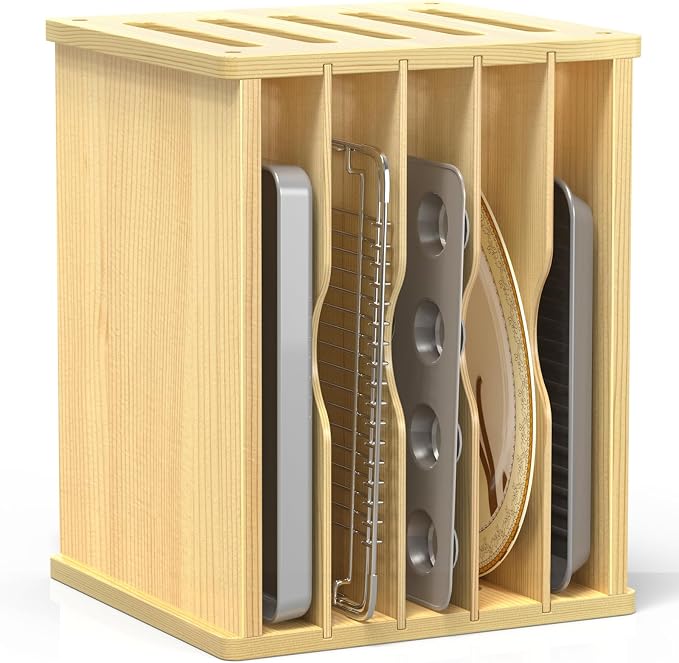 6 Tier Wood Tray Dividers for Cabinets, Cookie Sheet Organizer for Cabinet | Premium Wood, Multiple Sizes, Saving Space, Vertical Tray Dividers for Storing pans, Baking trays, Cutting Board by sandpaint