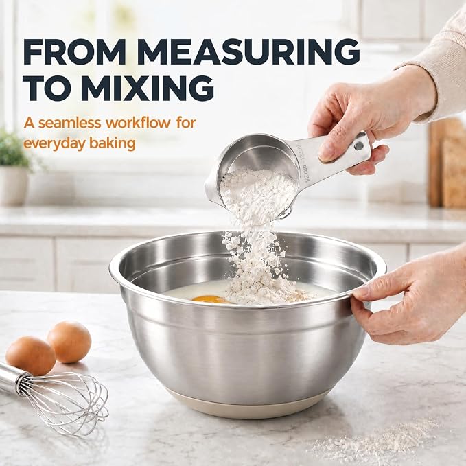 7QT 30PCS Mixing Bowls with Lids Set, 7QT to 1QT Stainless Steel Nesting Bowls with Graters, Non-Slip Silicone Bottom, Large Khaki Bowls & 21 Measuring Cups and Spoons Set Kitchen Appliances - Image 3