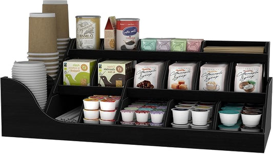 Suli 3-Tier Coffee Bar Station Organizer for Countertop,Extra large,18-Slot | Coffee Storage Basket for Kitchen Counter,Office,Hotel,Pod Holder with Drawer for Condiment Syrup,Tea Cup,Wooden,Rustic Black by Suli