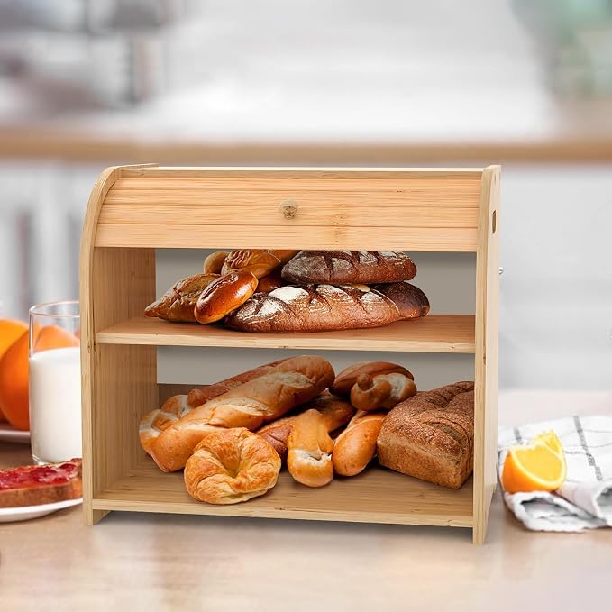 Bamboo Bread Box Roll Top for Kitchen Countertop Breadbox Storage | Roll Top Bread Box with Sliding Lid,Large Double Layer with Adjustable Middle Shelf - Image 3