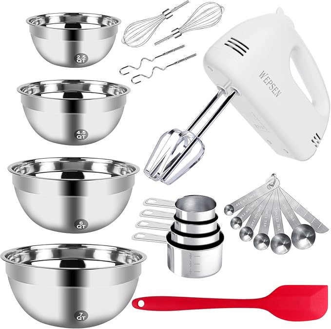 WEPSEN 5-Speed Electric Hand Mixer, 4 Large Mixing Bowls Set, Handheld Mixers with Whisks Beater, Stainless Steel Metal Nesting Bowl Measuring Cups Spoons Kitchen Cake Blender for Baking Supplies by WEPSEN