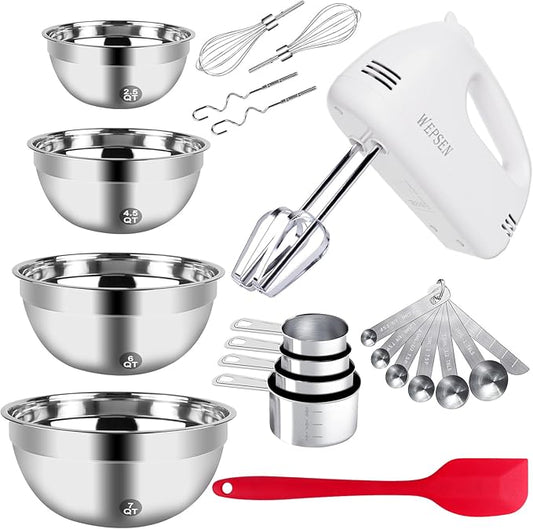 WEPSEN 5-Speed Electric Hand Mixer, 4 Large Mixing Bowls Set, Handheld Mixers with Whisks Beater, Stainless Steel Metal Nesting Bowl Measuring Cups Spoons Kitchen Cake Blender for Baking Supplies by WEPSEN