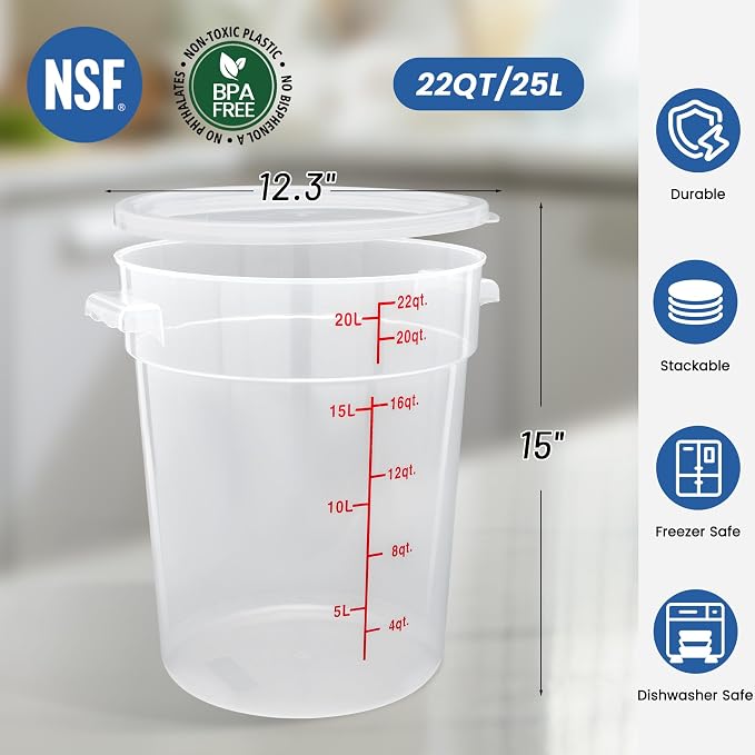 4 Pack 22QT Round Food Storage Containers with Lids | NSF, BPA-free PP containers with scale, label and measuring cup, stackable for prep, storage, freezer. Dishwasher safe - Image 2