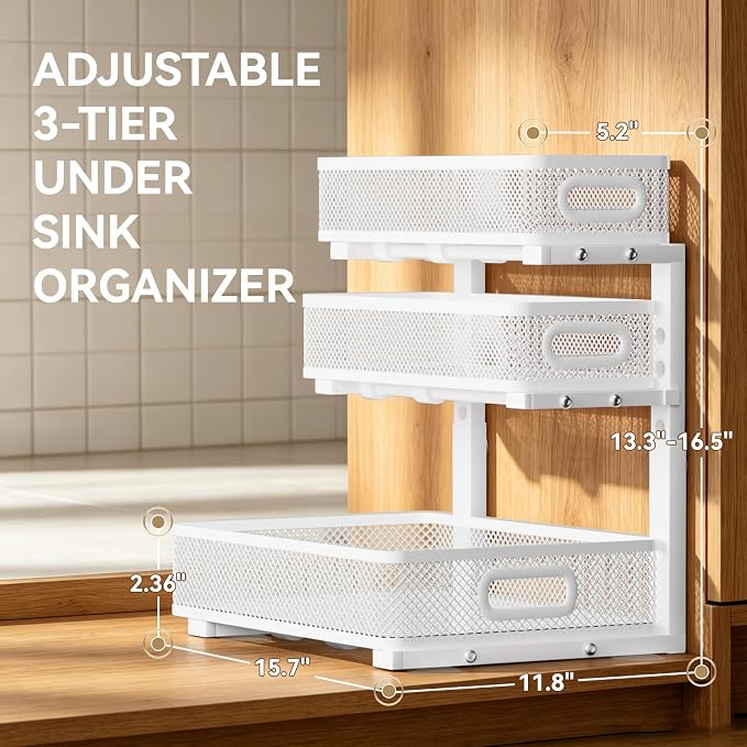 2 Pack 3 Tier Under Sink Organizer with Pull Out Drawer, Height Adjustable Heavy Duty Metal Under Cabinet Organizer, Smooth Sliding Storage Shelf for Kitchen, Bathroom Cabinet Organization, White - Image 2