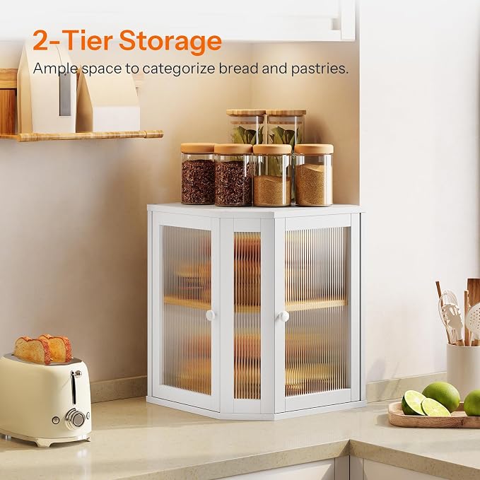 HOOBRO Bread Box, Bamboo Bread Box for Kitchen Countertop, 2-Tier Corner Bread Box, Large Capacity Bread Bin, Food Storage Box, Bread Storage Container for Kitchen, Dining Room, White WT12MB01 - Image 3