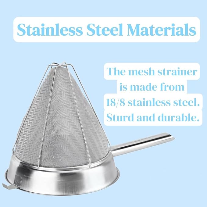 10-Inch Stainless Steel Fine Mesh Chinois Strainer | Large Strainer Reinforced Bouillon Strainer for Sauces, Soups, Purees, Pastes, Jelly, Custard, Curds and etc. - Image 4