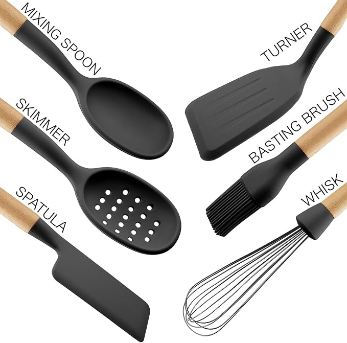 Country Kitchen Non Stick Silicone Utensil Set with Rounded Wood Handles for Cooking and Baking, 6 Piece Set, Black | Rounded Wood Handles, For Cooking and Baking - Image 2