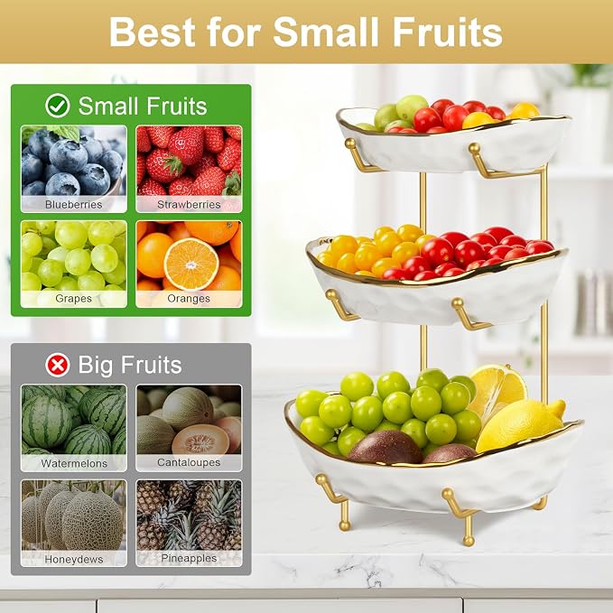 Ceramic Fruit Bowl for Kitchen Counter, Fruit Basket with Metal Stand, Tiered Fruit Rack for Countertop, Modern Serving Bowl for Party Dessert, Vegetable, Snack - Image 6