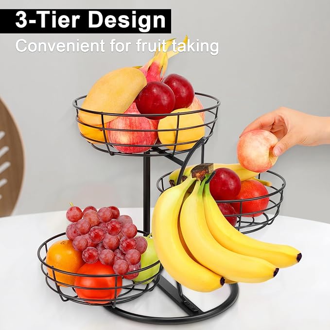 Livabber Fruit Basket Bowl with Banana Hanger, Fruit Vegetable Storage Basket with Banana Tree Holder for Kitchen Counter, Detachable Organizer for Bread Snack Produce (Black, 3-Tier Metal Base) - Image 7