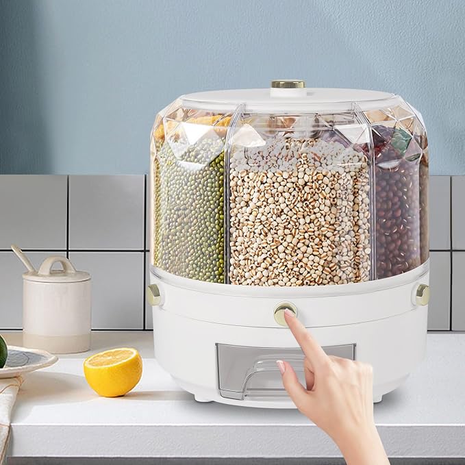 360° Rotating Grain Dispenser With 6 Grids, 13.2lbs Large Capacity Grain Dispenser Rotating Kitchen Storage Containers With Sealed Lid For Peanut Barley Millet And Cereal (White,Gold, 13.2 lbs) - Image 4