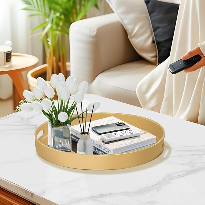 13" Gold Decorative Tray, Plastic Round Serving Tray with Handles | Decorative Tray for Coffee Table, Modern Ottoman Tray, Circle Tea Tray, Round Melamine Tray for Living Room, Bathroom - Image 5