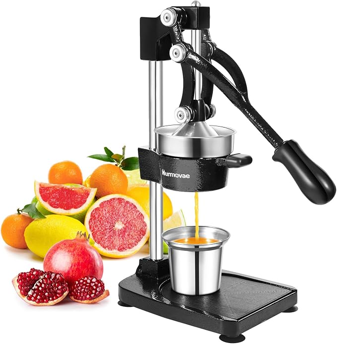 Cast Iron Manual Juicer For Orange Lemon Lime Pomegranate &Citrus | Heavy-Duty Hand Press Juicer, Orange Squeezer, 17"Tall, Sturdy Flat Base & Stainless Steel Cup, Easy to Clean, Black by Hurmovae