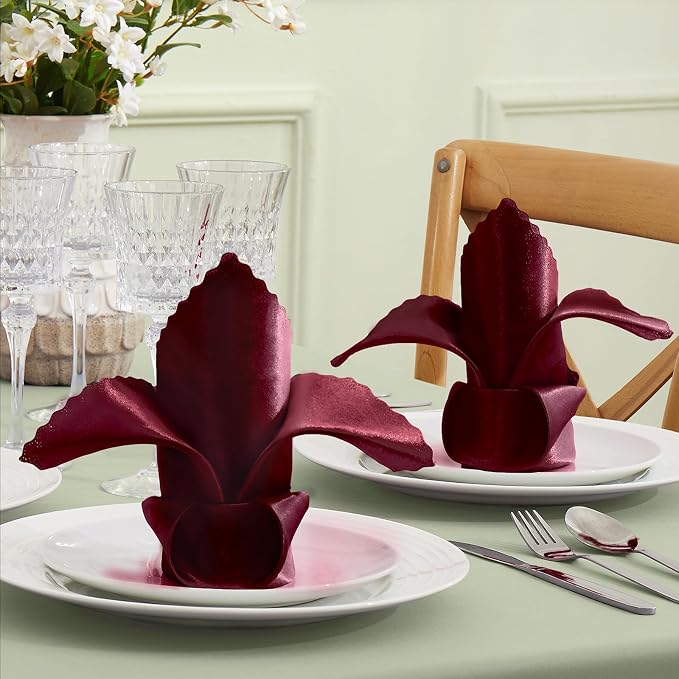 VACVELT 100 Pack Burgundy Scalloped Satin Napkins 17x17 Inch Wedding | Scalloped Floral Edges With Silky Smooth Finish, Seamless Design, Machine Washable Wrinkle And Fade Resistant - Image 2