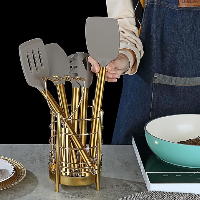 Gold Kitchen Utensils Set, Berglander 38 Pieces Non-stick Silicone Cooking Tools Spoon Spatula Set With Sturdy Stainless Steel Utensil Holder, Dishwasher Safe - Image 7