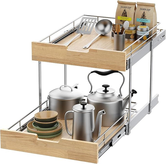 Sikarou Pull Out Cabinet Organizer,Heavy-Duty Slide Out Shelf, Wood and Wire Basket, Pull Out Drawer for for Kitchen Under Sink Space, Pantry, Bathroom, 2 Tie 14 * 21 in by SikarouStorageSpecialist