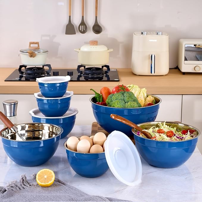 Blue Mixing Bowls with Lids Set of 7, Stainless Steel Nesting Bowl with Khaki Lid for Non-slip Mixing Prepping Storing Serving, 7 Sizes-7/3.6/2.7/2.1/1.5/1/0.8 QT - Image 8