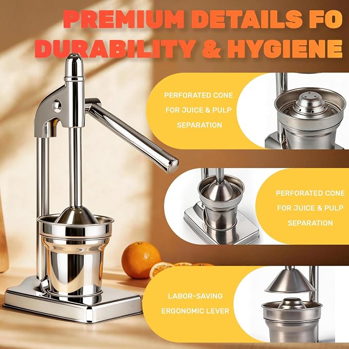Fruit Juice Squeezer,Manual Juicer Hand Press,Orange Lemon Squeezer,Heavy Duty Manual Juicer,Professional Citrus Juicer Fruit Juice,Easy to Clean (Silver) - Image 3
