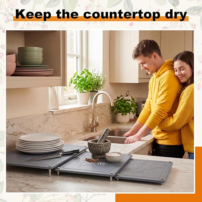 3 Tiers 24"x16" & 20"x16" &16"x12" Large Nesting Stone Dish Drying Mats for Kitchen Counter Absorbent Quick Dry Diatomaceous Earth Mat with Non-slip Feet for Pot Dishes Tableware (Dark Gray) - Image 4