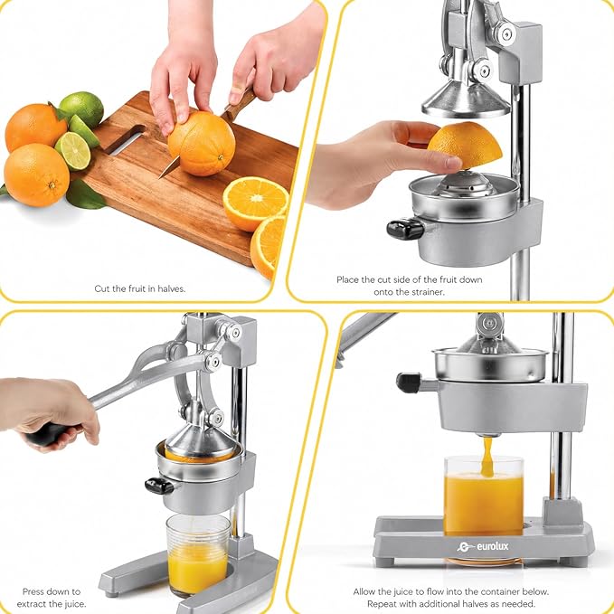 Eurolux Ultra-Premium Cast Iron Juicer | Extra-Large, Heavy Duty, Commercial Grade, Stainless Steel Manual Hand Press Citrus Squeezer For Fresh Orange Juice, Pomegranate, Lemon, and Much More (Gray) - Image 9