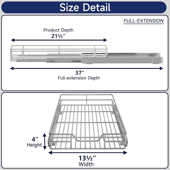 Pull Out Cabinet Organizer, 13.5" W x 21.5" D, Heavy Duty Chrome Slide Out Shelf for Base Cabinets, Sliding Wire Basket Drawer for Pantry Items, Bowls, Containers & Cleaning Supplies - Image 2