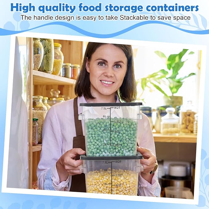 2 Pcs Square Food Storage Container Polycarbonate Clear Food Container with Gray Lid Commercial Rice Storage with Gray Graduations for Commercial Kitchen(8 Qt) - Image 3