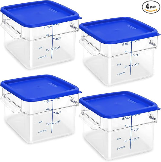 4 Pack Food Storage Containers with Blue Lids, 6.0 Qt - Square, Clear, Polycarbonate, for Restaurant Commercial Kitchen and Home party by TSUBOR