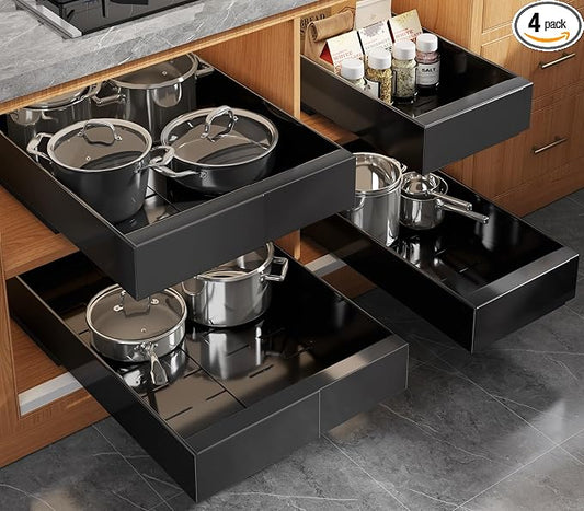Seinloes 4 Pack Expandable Pull Out Cabinet Organizer 21" Deep With Raising Pad for Framed Cabinets,Upgrade 3 Slide Rails Slide Out Drawers,No Drill Roll Out Shelves,Adjustable Width 9"-14" Black by Seinloes
