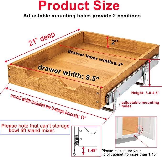 DINDON 1 Tier Pull Out Cabinet Organizer (11" W x 21" D) Single Tier Heavy Duty Sliding Wood Drawer Under Cabinet Shelf Organization Storage - Image 2