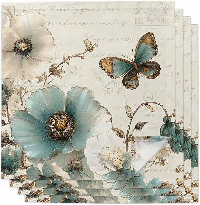 Turquoise Flowers Cloth Napkins Washable Set of 4, 20 x 20 Inch Reusable Rustic Spring Botanical Floral Butterfly Dinner Table Napkins Cloth Bulk for Weddings Kitchen Restaurants Hotel Events Parties by SODIKA