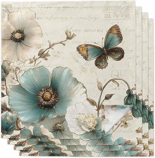 Turquoise Flowers Cloth Napkins Washable Set of 4, 20 x 20 Inch Reusable Rustic Spring Botanical Floral Butterfly Dinner Table Napkins Cloth Bulk for Weddings Kitchen Restaurants Hotel Events Parties by SODIKA