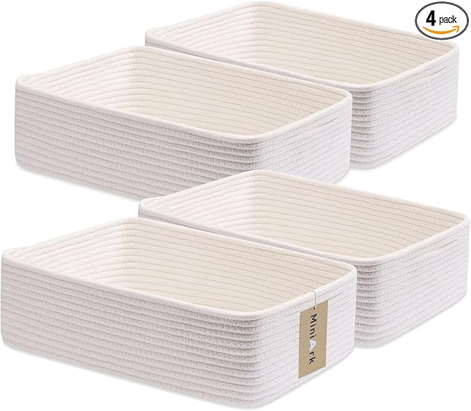 MiniArk Large Shallow Organizing Baskets 15x11x5.1 Inches - Rope Woven Storage Bins for Bathroom, Shelves, Cube Closet, Off White 4 Packs by MiniArkStorageBasketsHome