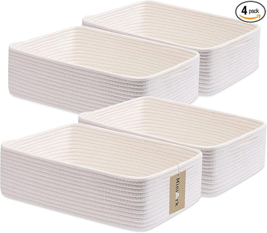 MiniArk Large Shallow Organizing Baskets 15x11x5.1 Inches - Rope Woven Storage Bins for Bathroom, Shelves, Cube Closet, Off White 4 Packs by MiniArkStorageBasketsHome