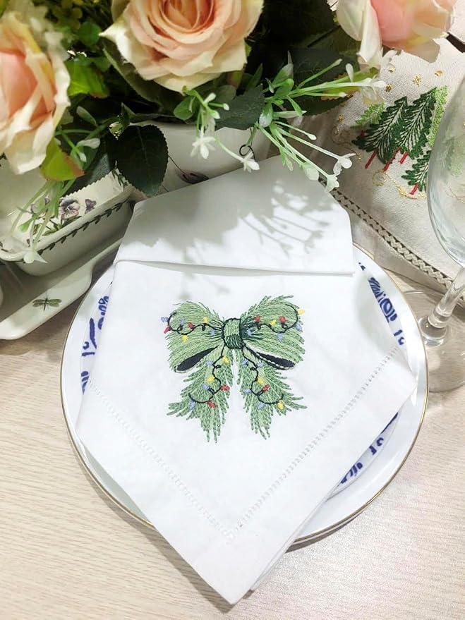 Embroidered Cloth Napkin Green Bow Christmas Cotton Napkins Set of 6, 20 x 20 Hemstitch Table Napkins, Machine Washable, for Daily & Holiday Dining, Great Gift Ideas - Image 2