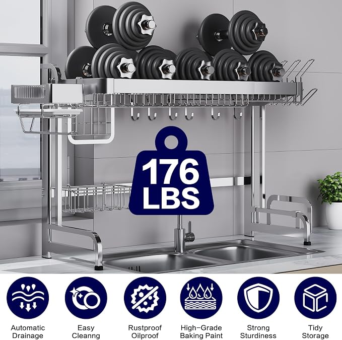 LIVOD Over The Sink Dish Drainer Drying Rack, 2 Tier Full Stainless Steel Storage Adjustable Length Kitchen Rack, Multifunctional Expandable Counter Organizer, Space Saver Dish Rack - Image 3