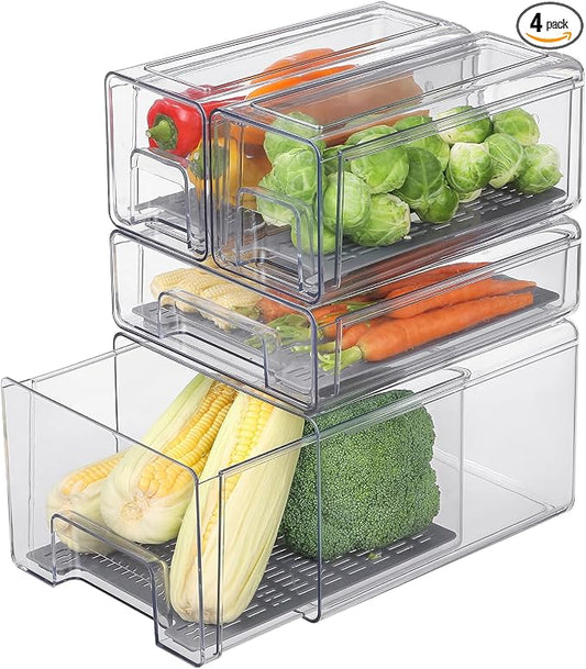 Refrigerator Organizers and Storage Drawers (Complete Set) | Produce Water Draining, BPA Free, Stackable, Clear, Fruit and Veggie Organization, Pull Out Bins by Bronkeeper