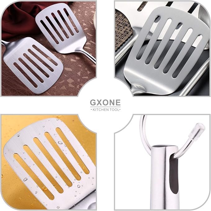 Slotted Turner & Spatula for Cast Iron Skillet Grilling Cooking | 304 Stainless Steel Kitchen Utensil,Metal Spatula,Hollow Handle,Flipping Food,14.9 Inch - Image 4