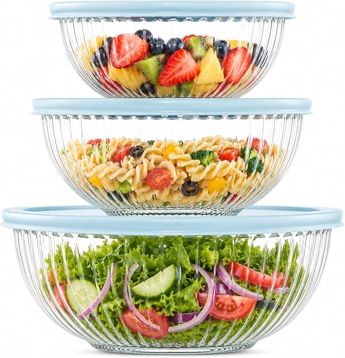Luvan Glass Mixing Bowls with Lids Set(3.7QT, 2.1QT, 1.1QT),3PC Glass Nesting Bowl, Large Salad Bowls Sets with lids,Clear Cooking Bowl for Kitchen Prep,Food Storage,Baking,Microwave and Oven Safe by Luvan