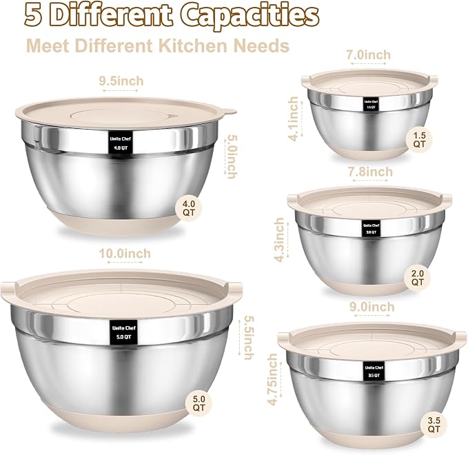 Umite Chef Mixing Bowls with Airtight Lids Set, 8PCS Stainless Steel Nesting Bowls with Grater Attachments, Non-Slip Bottoms, 5, 4, 3.5, 2, 1.5QT for Mixing & Serving - Image 2