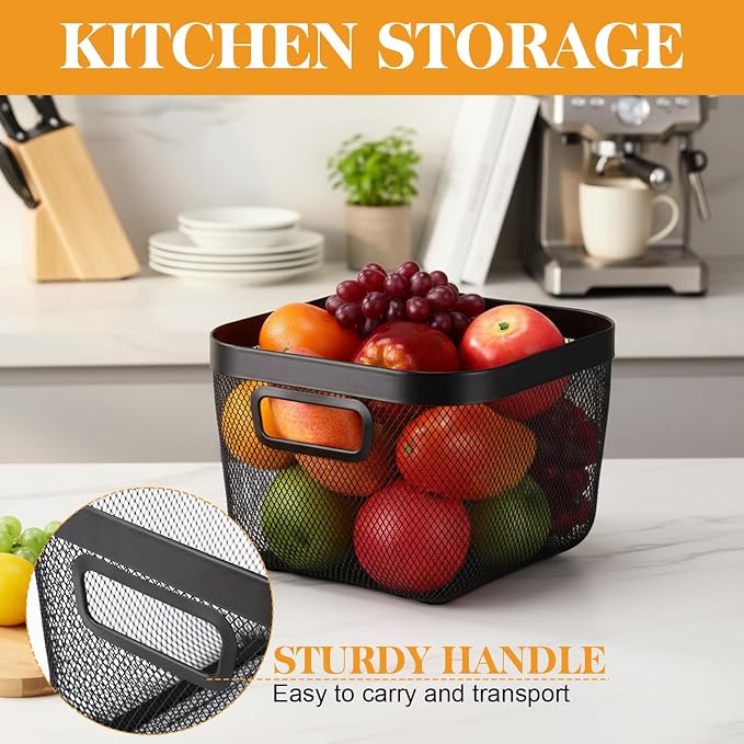 4 Pack Stackable Wire Baskets for Pantry Organizers Kitchen Storage Metal Baskets with Bamboo Lids 10"x10"x7" Vegetable Fruit Basket Produce Potato Onion Storage Bin for Kitchen Countertop - Image 3