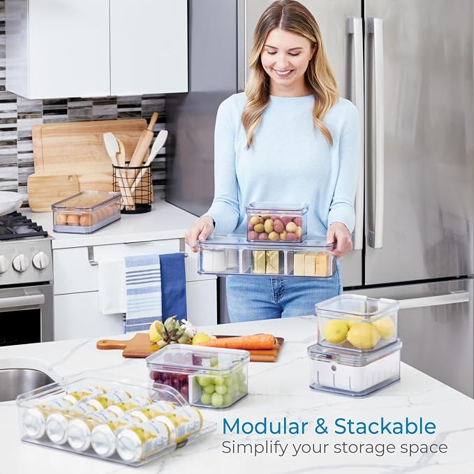 iDesign Crisp 7-Piece Recycled Plastic Refrigerator Organizer Bin Set with Lids, Clear/White - Image 6