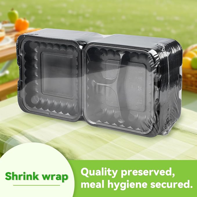 55-Pack 34oz 8x8 Black To Go Boxes - Shrink Wrapped Ready To Use | 3-Compartment MFPP Clamshell Container | Heavy Duty BPA Free, Microwave Safe | Takeout Box for Meal Prep, Leftover & Party - Image 2