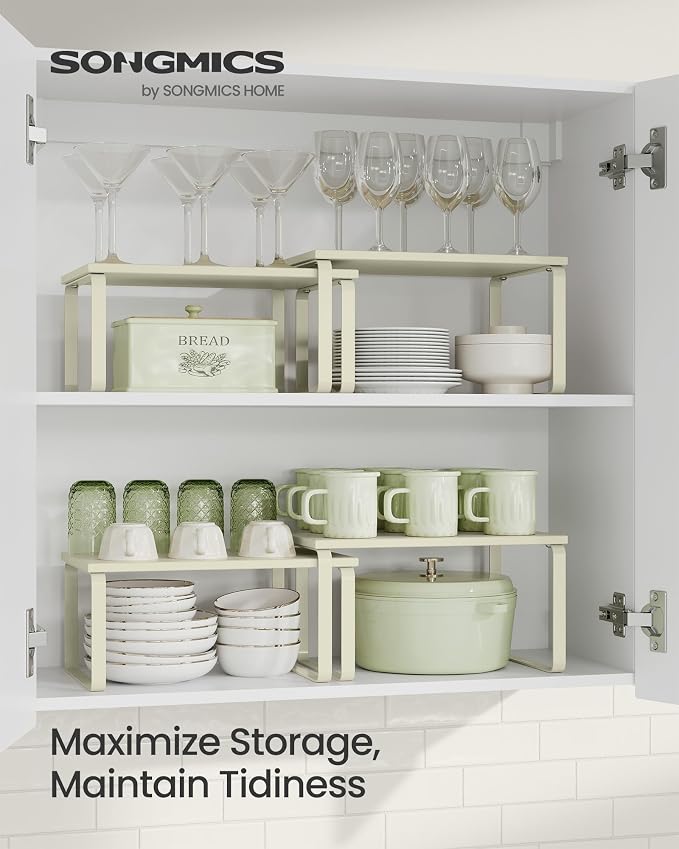 SONGMICS Cabinet Organizer Shelf, Set of 2 Kitchen Counter Shelves, Kitchen Storage, Spice Rack, Stackable, Expandable, Metal and Engineered Wood, 11.7 Inches, Cream White UKCS002W02 - Image 2