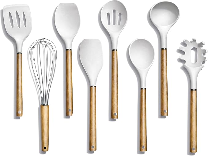 Country Kitchen Non Stick Silicone Utensil Set with Rounded Wood Handles for Cooking and Baking, 8 Piece Set, White by CountryKitchen