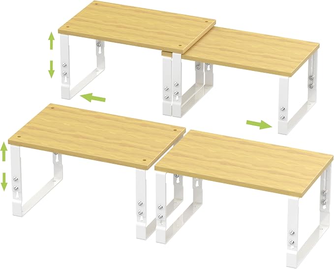 Adjustable Storage Shelves for Kitchen Cabinet Organization - Set of 2 Stackable Metal & Solid Wood Racks, Space-Saving Design for Countertop/Pantry/Garage, Easy Assembly(2 Packs/Medium/White) by JOJOCROSSHIGHQUALITYLIFE