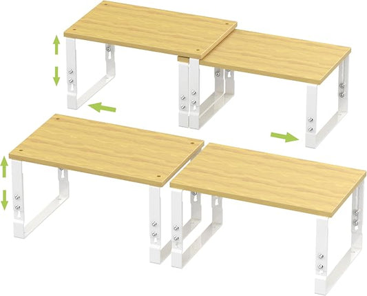 Adjustable Storage Shelves for Kitchen Cabinet Organization - Set of 2 Stackable Metal & Solid Wood Racks, Space-Saving Design for Countertop/Pantry/Garage, Easy Assembly(2 Packs/Medium/White) by JOJOCROSSHIGHQUALITYLIFE